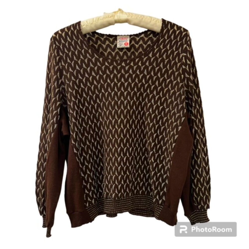 Vintage St Michael M&S UK 16 Brown Gold Metallic Knit Sweater Made Britain